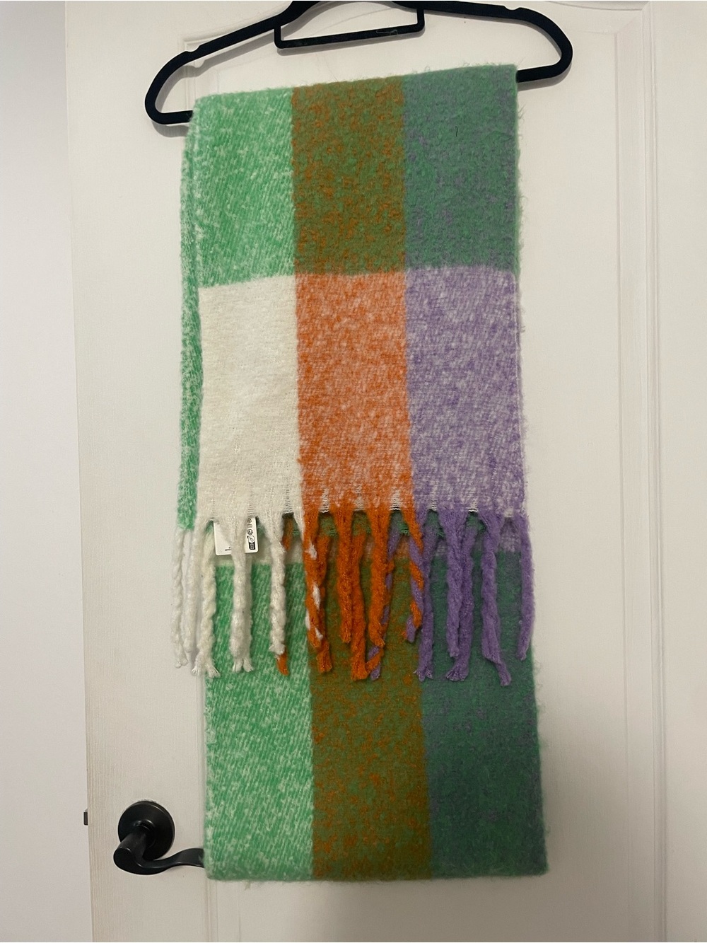 NWT Only Plaid Fringe Throw in Green, Orange, Purple, White